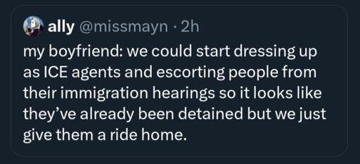 Screenshot of a microblog post: "my boyfriend: we could start dressing up as ICE agents and escorting people from their immigration hearings so it looks like they've already been detained but we just give them a ride home."